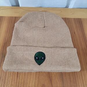 Alien Head Beanie Hat Embroidered Tan Green Unisex Fall Winter Cap One Size